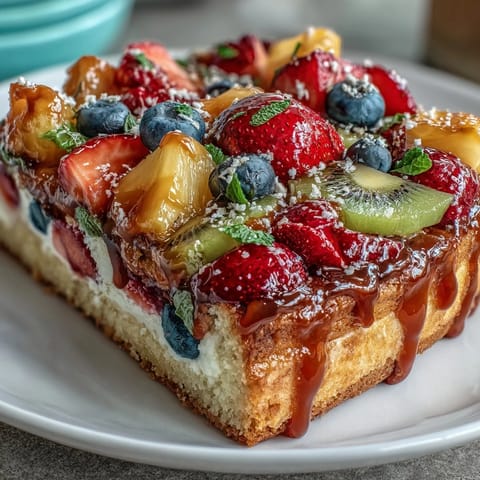 Colorful Summer Party Fruit Pizza with sugar cookie crust and cream cheese frosting topped with fresh berries and kiwi.