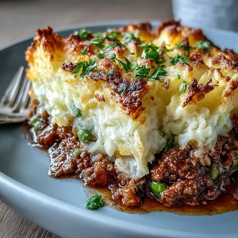 Classic Shepherds Pie with Cauliflower Mash Topping - golden, savory ground lamb and vegetable filling topped with creamy cauliflower mash in a cozy baking dish.