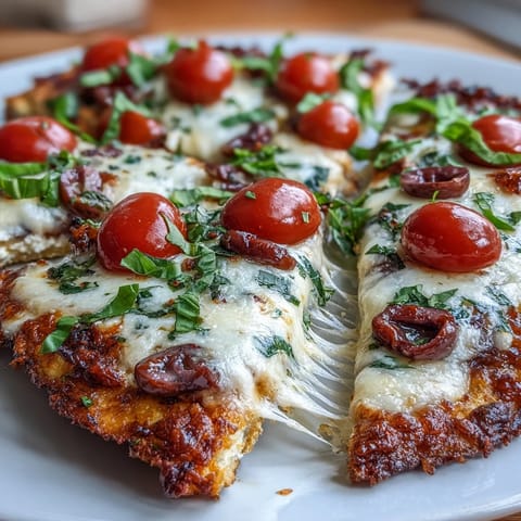 High-protein cottage cheese flatbread pizza topped with sugar-free tomato sauce, cherry tomatoes, and black olives for a keto-friendly dinner.  