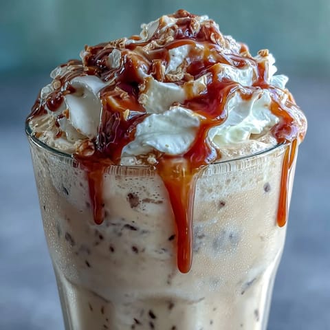 Creamy Iced Vanilla Bean Frappuccino topped with whipped cream and caramel drizzle in a tall glass.  