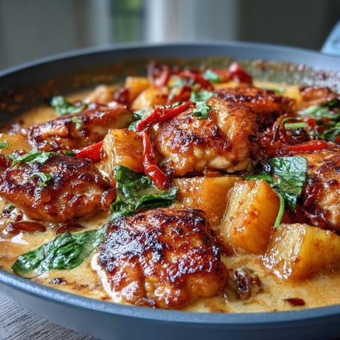 Vibrant one-pan chicken pineapple coconut curry with tender chicken, juicy pineapple, and creamy coconut milk simmered in aromatic spices.