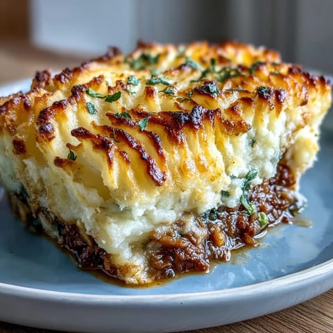 Hearty vegetarian Shepherds Pie with lentils and mushrooms, topped with creamy mashed potatoes and baked until golden and bubbling.