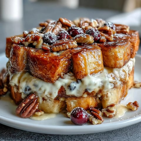 Baked blueberry French toast casserole with golden crust and juicy berries, ideal for Mother's Day brunch spreads.