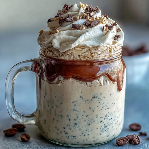Creamy Vanilla Bean Frappuccino Overnight Oats jar with coffee swirls and whipped cream topping.  