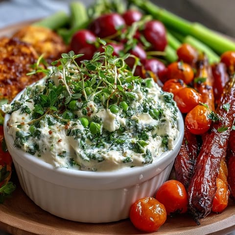 A colorful spring vegetable board with crisp radishes, snap peas, and a creamy herb dip for sharing.