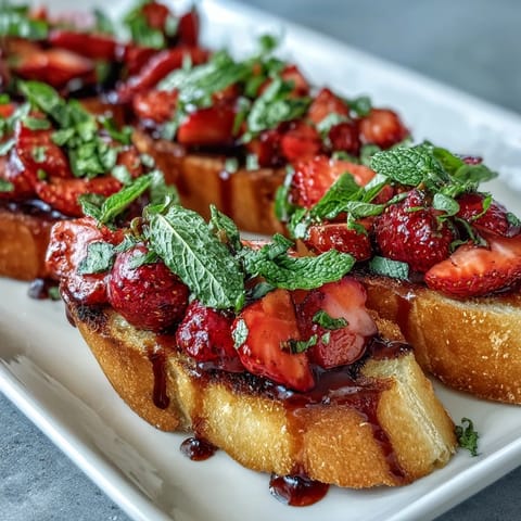 Fresh strawberry bruschetta with balsamic and mint served on golden toasted baguette slices, perfect for summer gatherings.