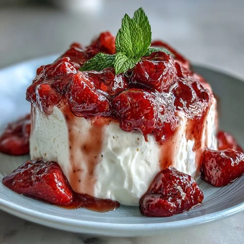 Strawberry compote with creamy Greek yogurt, fresh mint, and honey drizzle in a glass bowl.  
