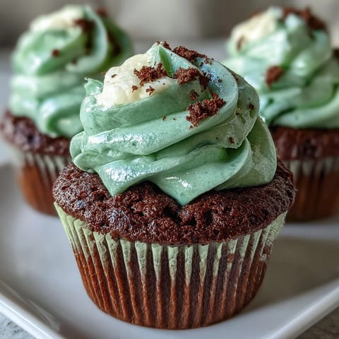 Festive green velvet cupcakes topped with smooth cream cheese frosting for St. Patrick's Day celebrations.