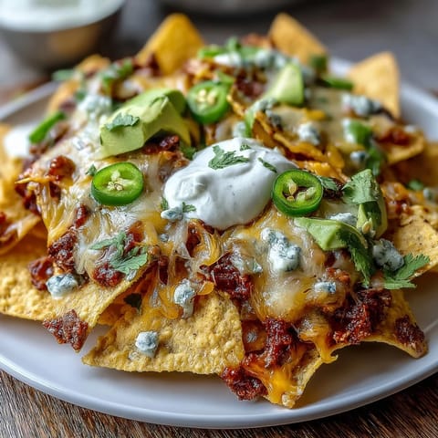 Golden tortilla chips smothered in creamy, homemade cheese sauce with jalapeños and fresh cilantro for a crowd-pleasing game day snack.