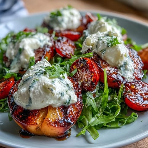 Sweet grilled peaches pair with peppery arugula and torn burrata in a vibrant, balsamic-kissed summer salad.  