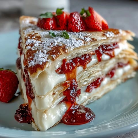 Strawberry crepe cake with layers of vanilla cream and fresh strawberries, dusted with powdered sugar for a beautiful Mothers Day dessert.