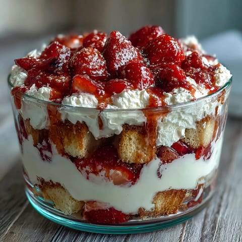 Beautiful layered Mothers Day Strawberry Shortcake Trifle with juicy red strawberries and fluffy whipped cream in a glass bowl.