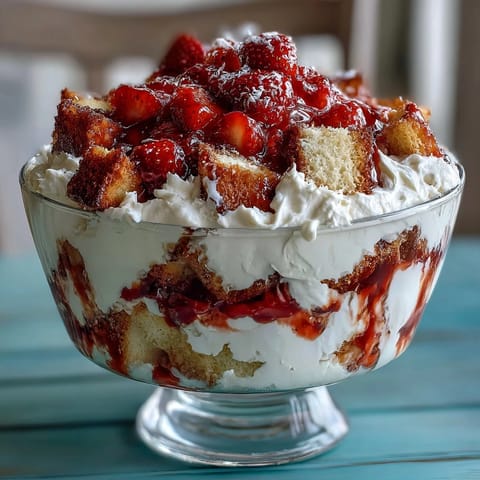 Elegant strawberry shortcake trifle dessert featuring golden shortcake cubes, vibrant berries, and clouds of whipped cream for Mother's Day.