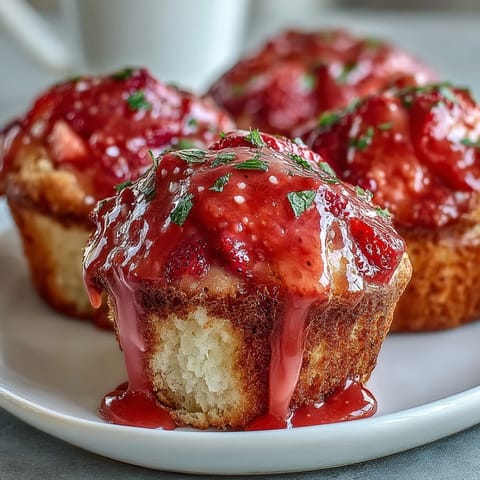 Fresh strawberry lemon muffins with a tangy glaze, golden brown and dotted with juicy fruit, perfect for a sunny morning.