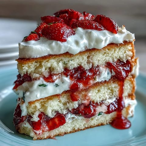 Naked cake with strawberries and cream, elegant spring dessert with fresh berries and whipped topping.
