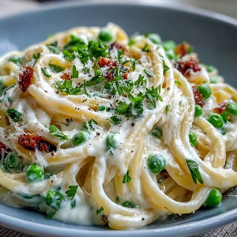Creamy ricotta and lemon linguine with peas in a bright, spring-inspired pasta dish topped with Parmesan and fresh parsley.