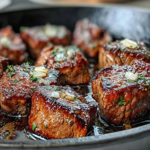 Juicy one-pan garlic herb steak bites seared in a cast iron skillet with fresh parsley and thyme.