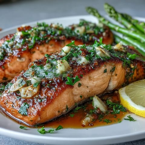Garlic Butter Salmon with Asparagus sizzling in a skillet, bathed in golden garlic butter sauce.