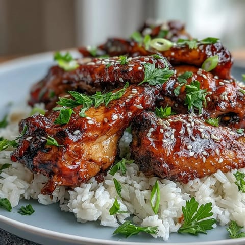 Sticky honey garlic chicken wings glazed and served over fluffy, buttery rice on a plate.