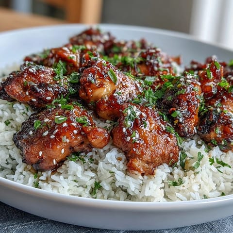 1. Honey Garlic Chicken with Rice: tender chicken thighs simmered in a sweet honey garlic sauce, served over fluffy jasmine rice.  