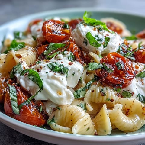 Golden garlic and ripe tomatoes infuse olive oil, creating a silky sauce for this Caprese pasta with burrata.  