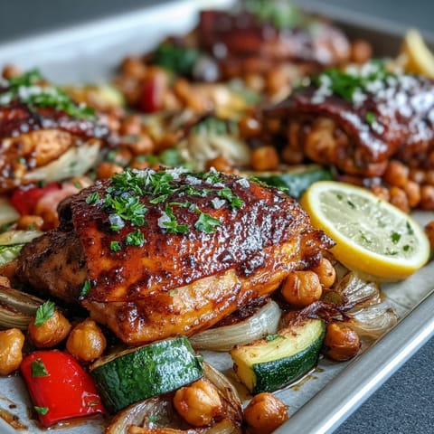 Harissa Chicken Traybake with chickpeas and roasted vegetables in a colorful one-pan dish. Juicy harissa-marinated chicken thighs nestled among vibrant bell peppers and zucchini. Flavorful Mediterranean dinner perfect for a quick weeknight meal.