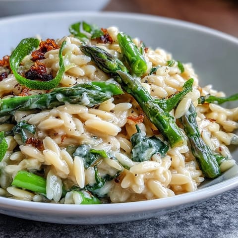 A vibrant bowl of spring orzo primavera with fresh vegetables and basil, perfect for a light vegetarian meal.  