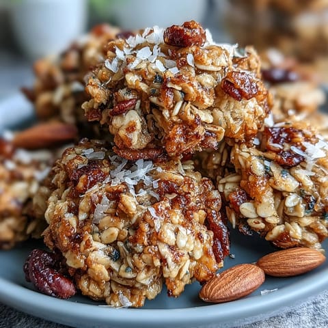 Homemade granola clusters with crunchy oats, nuts, and honey baked into golden, chunky bites perfect for breakfast or snacking.  
