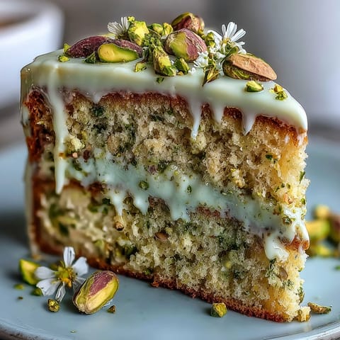 Vibrant layered lemon pistachio cake with zesty sponge, creamy frosting, and chopped nuts, perfect for a spring birthday celebration.