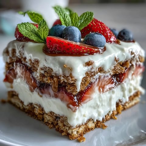 Festive no-bake icebox cake with layers of whipped cream, graham crackers, and fresh strawberries, perfect for Memorial Day celebrations.