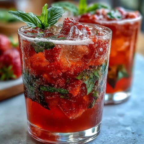 Vibrant strawberry basil mocktail in tall glasses with fresh basil leaves and lemon garnish, perfect for summer refreshment.