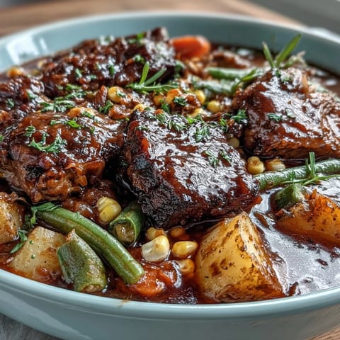 Hearty Kentucky Derby Burgoo Stew with tender beef, pork, and chicken simmered with fresh vegetables in a savory Southern broth.  