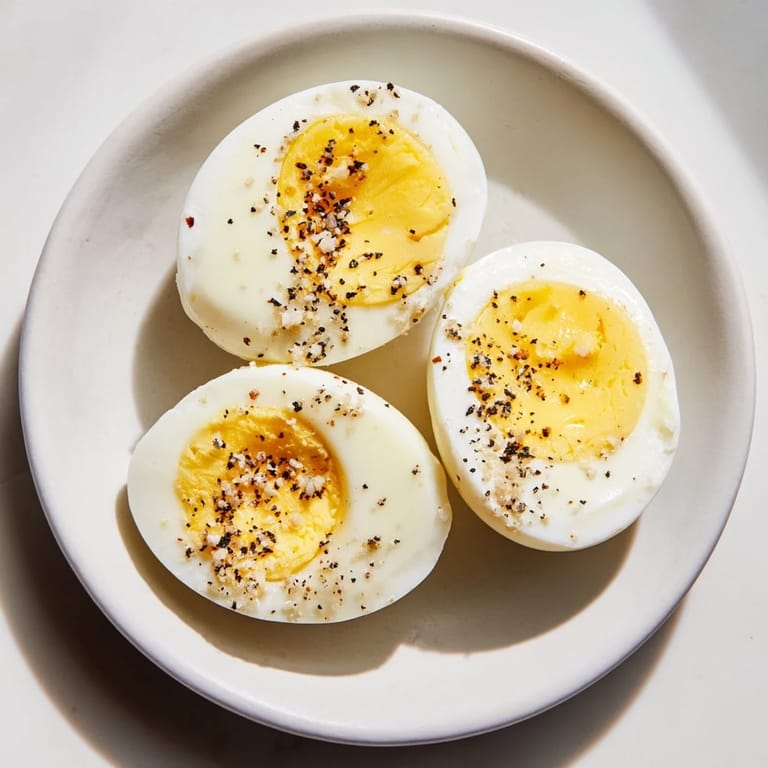A close-up of perfectly cooked perfect hard-boiled eggs, showing smooth, white exteriors and creamy centers.