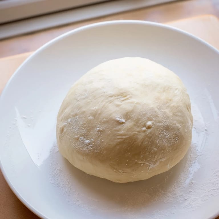 Freshly kneaded Homemade Pizza Dough, gently rising, promising a soft and chewy crust after baking.