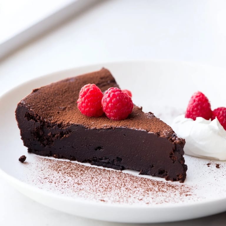 View of a beautifully rich, decadent flourless chocolate cake, perfect for sharing.