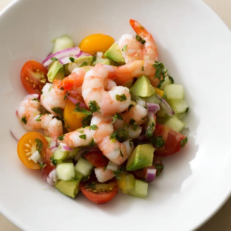Bright, flavorful Light & Fresh Shrimp Ceviche with chunks of avocado, perfect for dipping with chips.