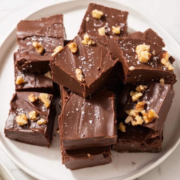 Homemade easy chocolate fudge, glistening, with optional chopped nuts and vanilla aroma.