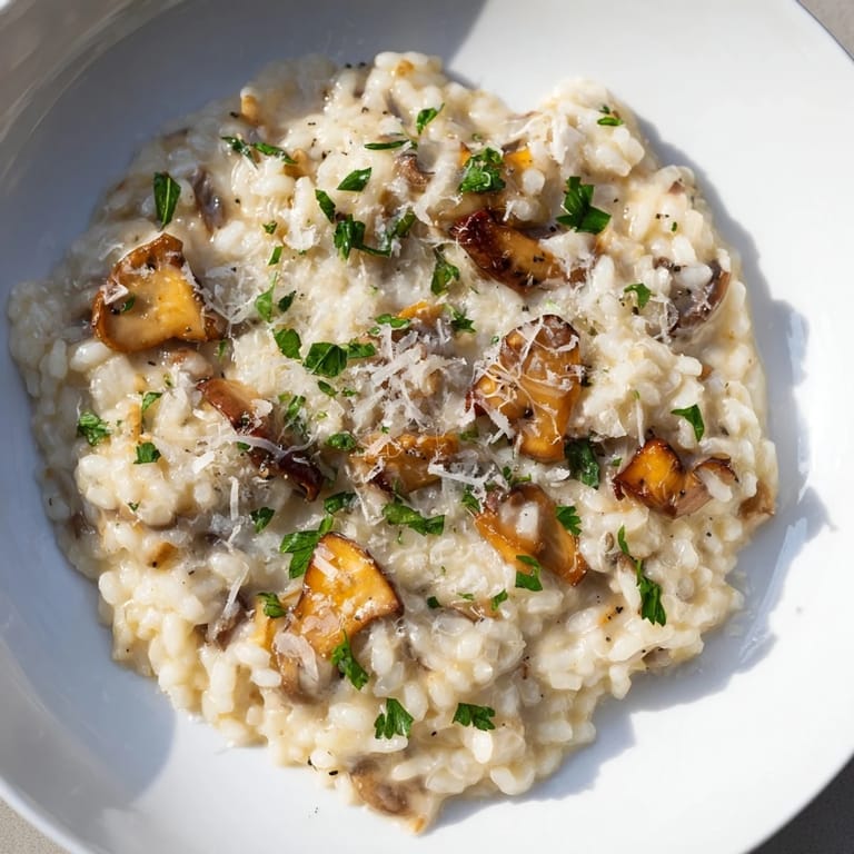 Tempting closeup of Parmesan-infused stove-top creamy risotto, rich and perfectly textured.