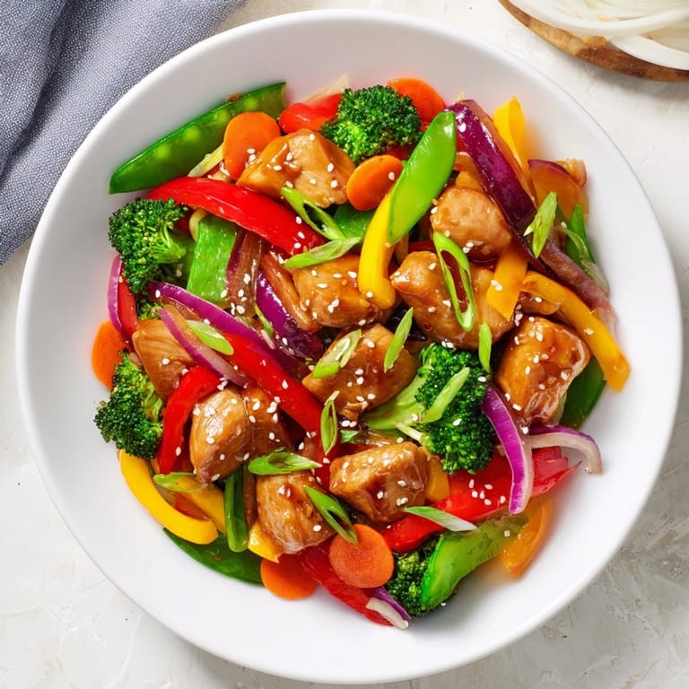 A close-up of golden Sheet Pan Chicken Stir-Fry, with vibrant peppers and tender chicken pieces.