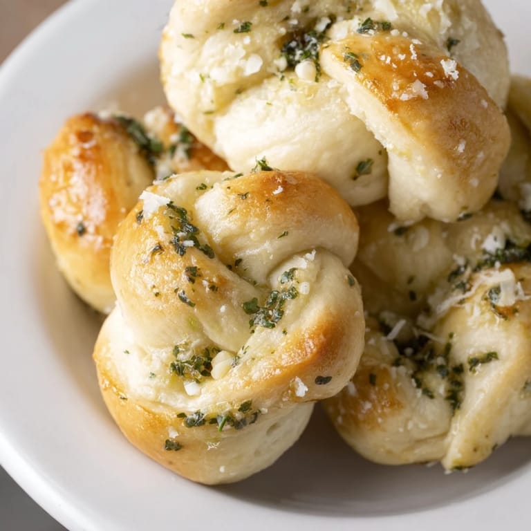 Warm, soft homemade garlic knots, seasoned with garlic and herbs, are perfect as a savory appetizer or snack.