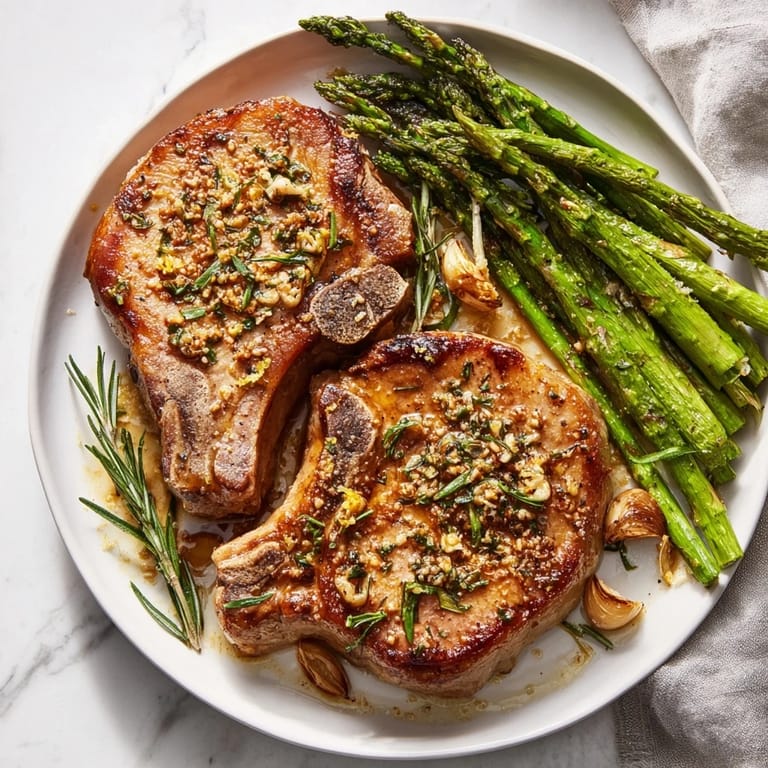 One-Pan Lemon Herb Pork Chops with lemon wedges, herbs, and asparagus, a flavorful, easy dinner.