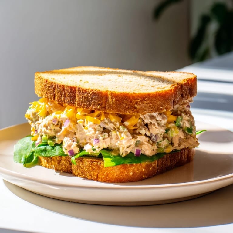 A warm, grilled Classic Tuna Melt Sandwich with bubbly cheese and savory tuna salad filling.