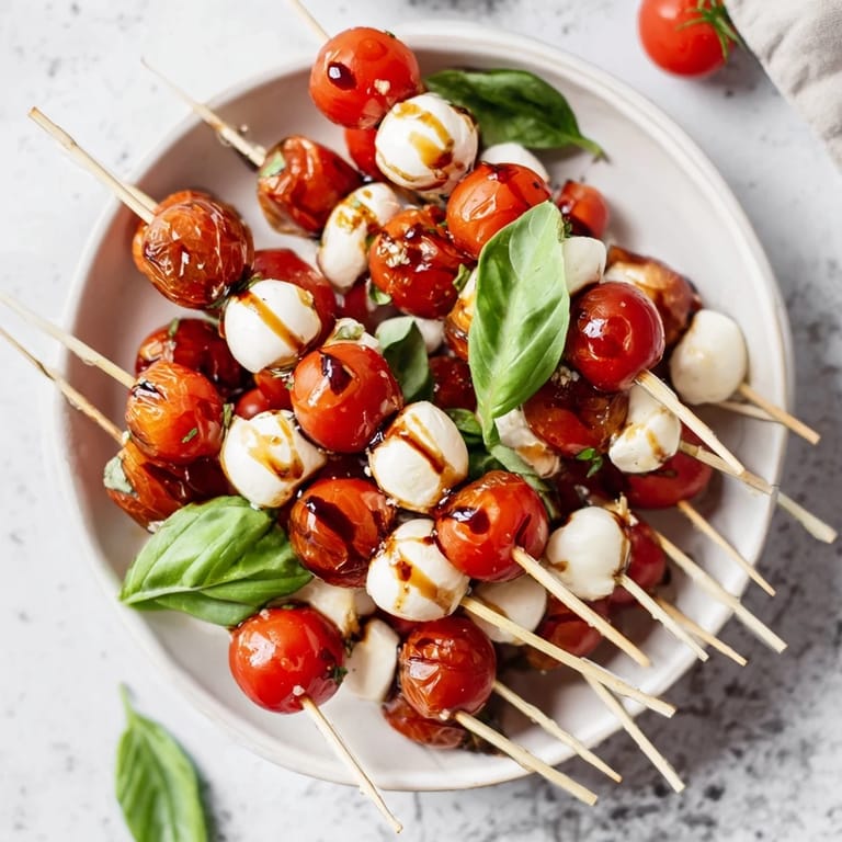 Juicy cherry tomatoes and creamy mozzarella make up these simple Fresh Caprese Salad Skewers, perfect appetizers.