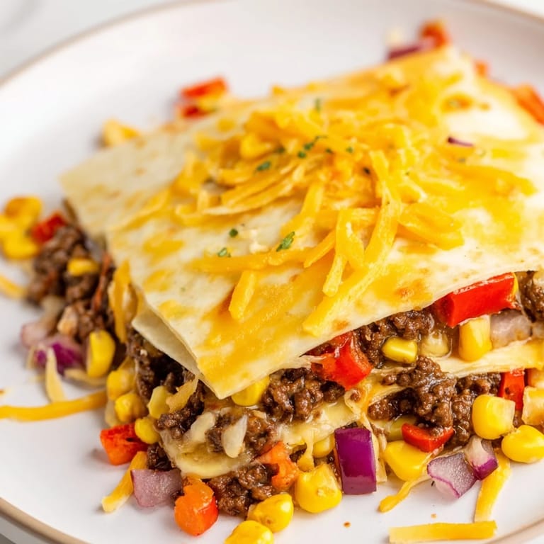 A close-up view of a Sheet Pan Quesadillas: cheesy and full of colorful fillings, ready to eat.
