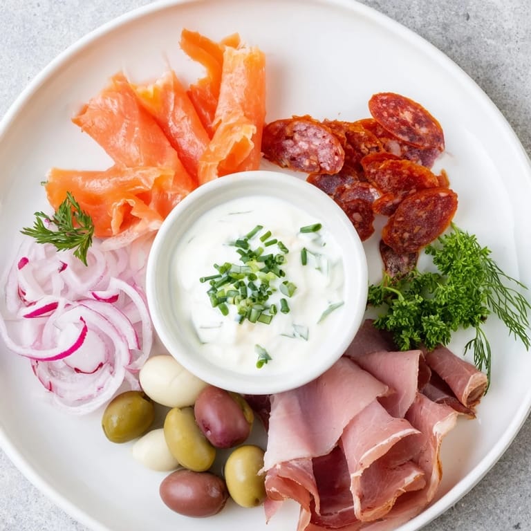 This Compass Rose appetizer features an artful platter with colorful meats and pickled garnishes.