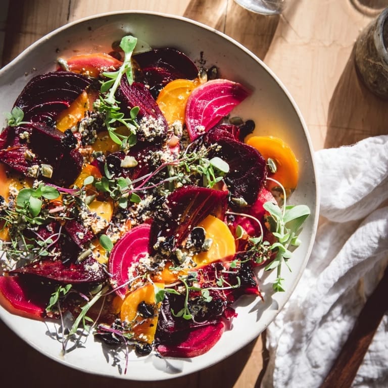 This delicious The Shadow Play appetizer features a visually captivating arrangement of colorful, fresh ingredients.