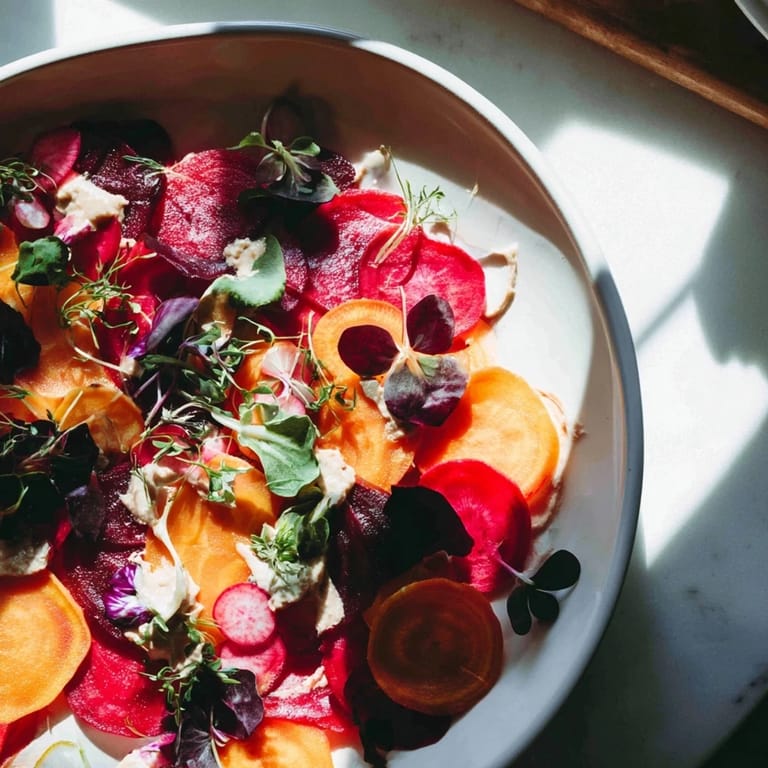 Imagine a stunning The Shadow Play starter: thinly sliced beets, blackberries, and microgreens create depth and contrast.