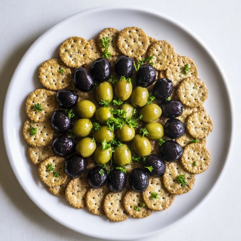 A delicious Roman Colosseum snack platter, with olives and crackers ready for simple enjoyment.
