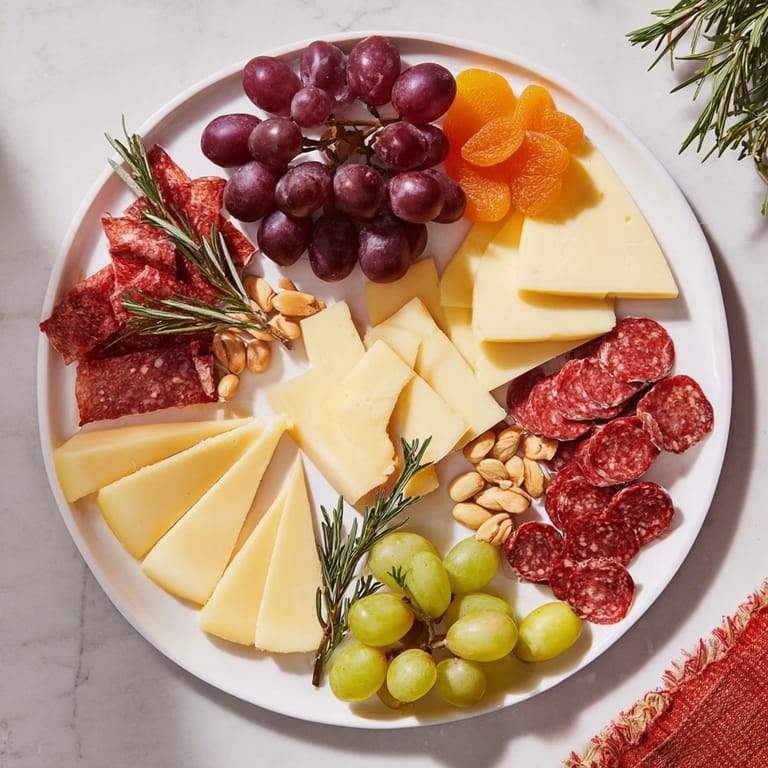 Vibrant Geometric Gala appetizer with precisely cut cheeses, meats, grapes, nuts, and fig jam on display.