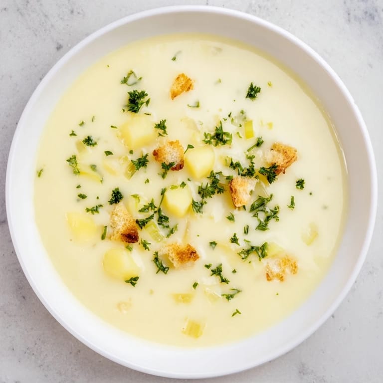 Savory Quick & Simple Potato and Leek Soup in bowls, perfect with crusty bread for a flavorful meal.